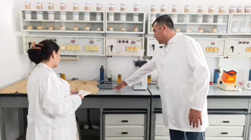 Agrokimyo va Biokimyo laboratoriyasi mudiri q.x.f.f.d k.i.x Mamatqulov Ikrom Shavkatovich Boshoqli don ekinlarining don tarkibidagi oqsil va kleykavina miqdorini aniqlash bo’yicha laboratoriyada taxlil ishlarini amalga oshirmoqda.